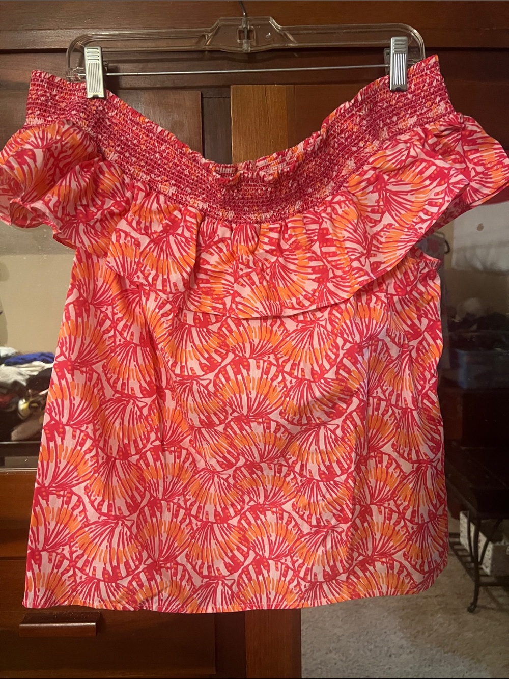 Vineyard Vines Pink and Orange Off-Shoulder Ruffle Blouse